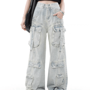 Trendy Washed Multi Pocket Cargo Jeans for Y2K Aesthetic and Grunge Style Lovers