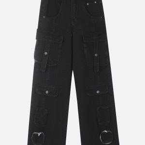 Trendy Washed Multi Pocket Cargo Jeans for Y2K Aesthetic and Grunge Style Lovers