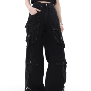 Trendy Washed Multi Pocket Cargo Jeans for Y2K Aesthetic and Grunge Style Lovers