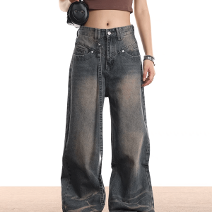 Trendy Washed Patchwork Jeans for Y2K Aesthetic Outfits and Grunge Style Looks