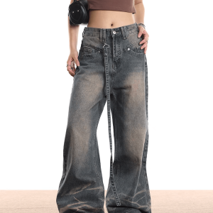 Trendy Washed Patchwork Jeans for Y2K Aesthetic Outfits and Grunge Style Looks