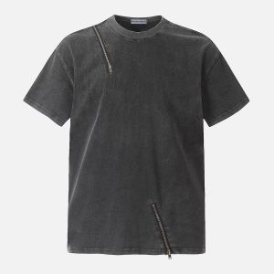 Trendy Washed Zip Up Tee for Y2K Aesthetic Outfits and Comfy Casual Looks