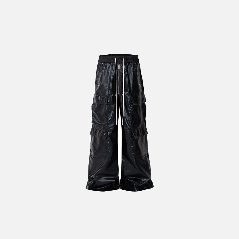 Trendy Wide-Leg Black Leather Cargo Pants for Y2K Aesthetic and Grunge Style Outfits