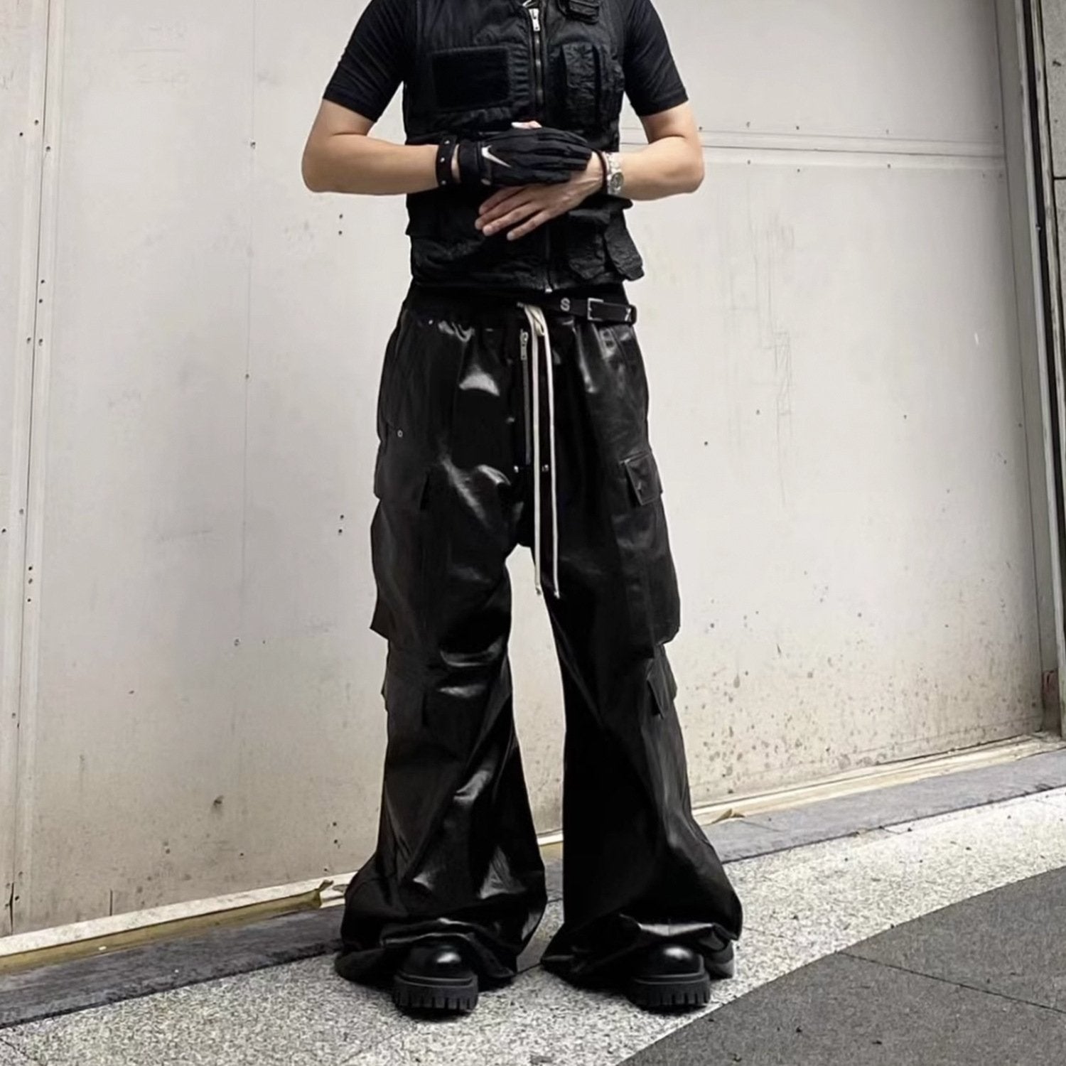 Trendy Wide-Leg Black Leather Cargo Pants for Y2K Aesthetic and Grunge Style Outfits