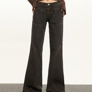 Trendy Y2K Brown Flare Jeans for a Chic Grunge Aesthetic Look and Comfy Style