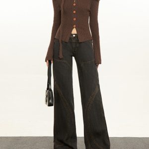 Trendy Y2K Brown Flare Jeans for a Chic Grunge Aesthetic Look and Comfy Style