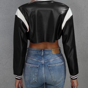 Trendy Y2K Cropped PU Jacket for Edgy Grunge Aesthetic and Coquette Style Outfits