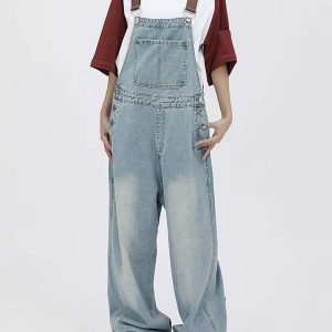 Trendy Y2K Denim Overalls with Reverse Pocket for a Chic Grunge Aesthetic Look