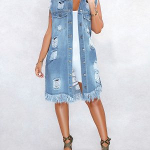 Trendy Y2K Denim Ripped Jacket for Grunge Aesthetic and Vintage Style Lovers