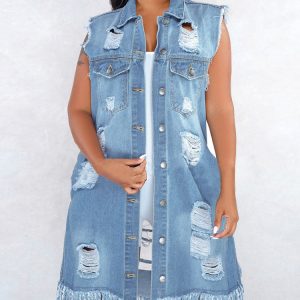 Trendy Y2K Denim Ripped Jacket for Grunge Aesthetic and Vintage Style Lovers