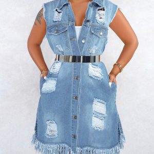 Trendy Y2K Denim Ripped Jacket for Grunge Aesthetic and Vintage Style Lovers