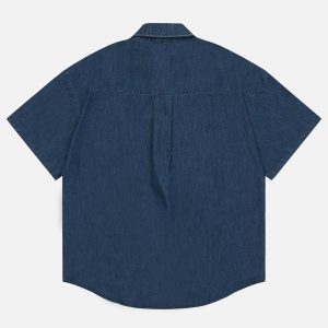 Trendy Y2K Denim Short Sleeve Shirt for Aesthetic Outfits and Casual Looks