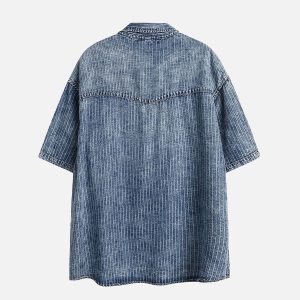 Trendy Y2K Denim Short Sleeve Shirt for Aesthetic Outfits and Casual Looks