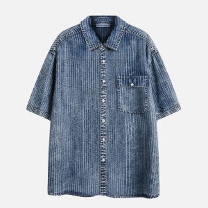 Trendy Y2K Denim Short Sleeve Shirt for Aesthetic Outfits and Casual Looks