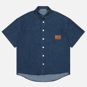 Trendy Y2K Denim Short Sleeve Shirt for Aesthetic Outfits and Casual Looks