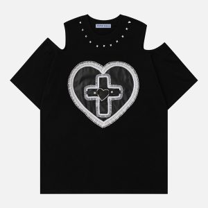 Trendy Y2K Fashion Shoulder Cut-Out Tee for Coquette Aesthetic and Grunge Style Outfits