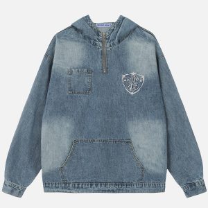 Trendy Y2K Half Zip Up Washed Denim Hoodie for Aesthetic Outfits and Casual Style