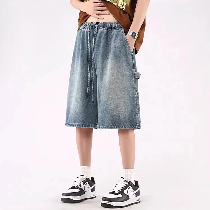 Trendy Y2K High-Waisted Baggy Blue Denim Jorts for a Chic Grunge Aesthetic Look