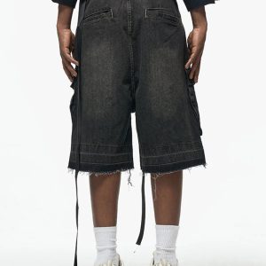 Trendy Y2K Loose Washed Pocket Jorts for a Chic Grunge Aesthetic Look