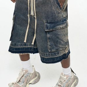 Trendy Y2K Loose Washed Pocket Jorts for a Chic Grunge Aesthetic Look