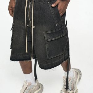 Trendy Y2K Loose Washed Pocket Jorts for a Chic Grunge Aesthetic Look