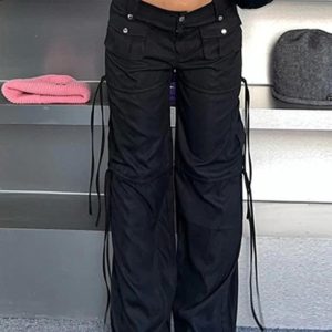 Trendy Y2K Low Waist Pocket Ribbon Splice Cargo Pants for Chic Aesthetic Outfits