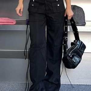 Trendy Y2K Low Waist Pocket Ribbon Splice Cargo Pants for Chic Aesthetic Outfits