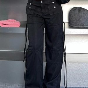 Trendy Y2K Low Waist Pocket Ribbon Splice Cargo Pants for Chic Aesthetic Outfits