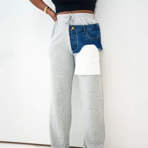 Trendy Y2K Mixed Up Denim Sweatpants for Aesthetic Outfits and Comfy Street Style