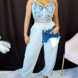 Trendy Y2K Mixed Up Denim Sweatpants for Aesthetic Outfits and Comfy Street Style