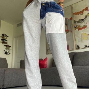 Trendy Y2K Mixed Up Denim Sweatpants for Aesthetic Outfits and Comfy Street Style