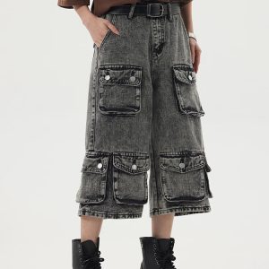 Trendy Y2K Multi-Pocket Cargo Jorts for a Chic Grunge Aesthetic Look