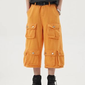 Trendy Y2K Multi-Pocket Cargo Jorts for a Chic Grunge Aesthetic Look