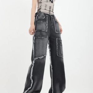 Trendy Y2K Patchwork Denim Jeans for a Chic Grunge Aesthetic Look