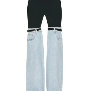 Trendy Y2K Patchwork Denim Pants for a Chic Grunge Aesthetic Look