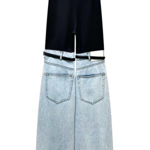 Trendy Y2K Patchwork Denim Pants for a Chic Grunge Aesthetic Look