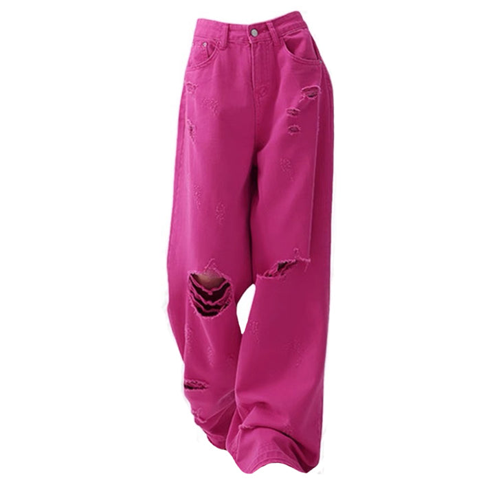 Trendy Y2K Pink Star Ripped Baggy Jeans for a Stylish Grunge Aesthetic Look