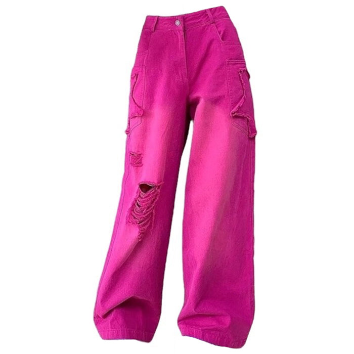 Trendy Y2K Pink Star Ripped Baggy Jeans for a Stylish Grunge Aesthetic Look