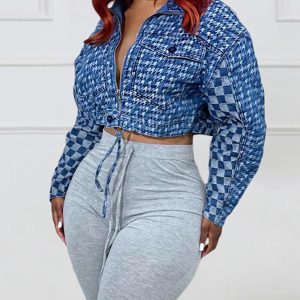 Trendy Y2K Plaid Houndstooth Denim Jacket for Aesthetic Outfits and Grunge Style