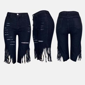 Trendy Y2K Tassel Ripped Bermuda Jeans for a Chic Grunge Aesthetic Look