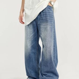 Trendy Y2K Wide-Leg Baggy Denim Jeans for Effortless Grunge Aesthetic Outfits