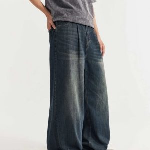 Trendy Y2K Wide-Leg Baggy Denim Jeans for Effortless Grunge Aesthetic Outfits