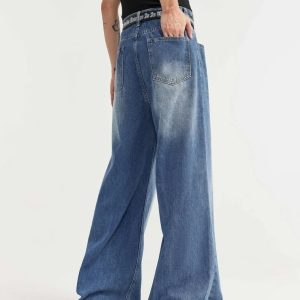 Trendy Y2K Wide-Leg Baggy Denim Jeans for Effortless Grunge Aesthetic Outfits