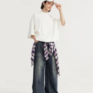 Trendy Y2K Wide-Leg Baggy Denim Jeans for Effortless Grunge Aesthetic Outfits