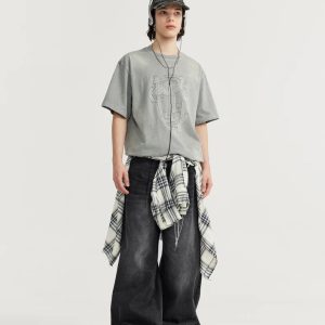 Trendy Y2K Wide-Leg Baggy Denim Jeans for Effortless Grunge Aesthetic Outfits