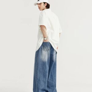 Trendy Y2K Wide-Leg Baggy Denim Jeans for Effortless Grunge Aesthetic Outfits