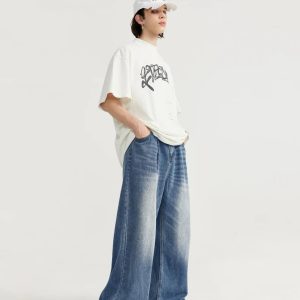 Trendy Y2K Wide-Leg Baggy Denim Jeans for Effortless Grunge Aesthetic Outfits