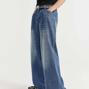 Trendy Y2K Wide-Leg Baggy Denim Jeans for Effortless Grunge Aesthetic Outfits