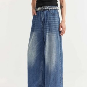 Trendy Y2K Wide-Leg Baggy Denim Jeans for Effortless Grunge Aesthetic Outfits