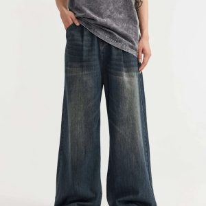 Trendy Y2K Wide-Leg Baggy Denim Jeans for Effortless Grunge Aesthetic Outfits